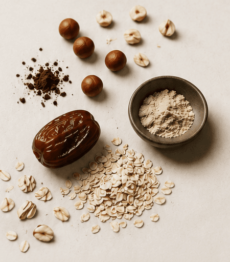 Dates, hazelnuts, cocoa, oats and plant protein arranged on a warm surface: Hazelnut