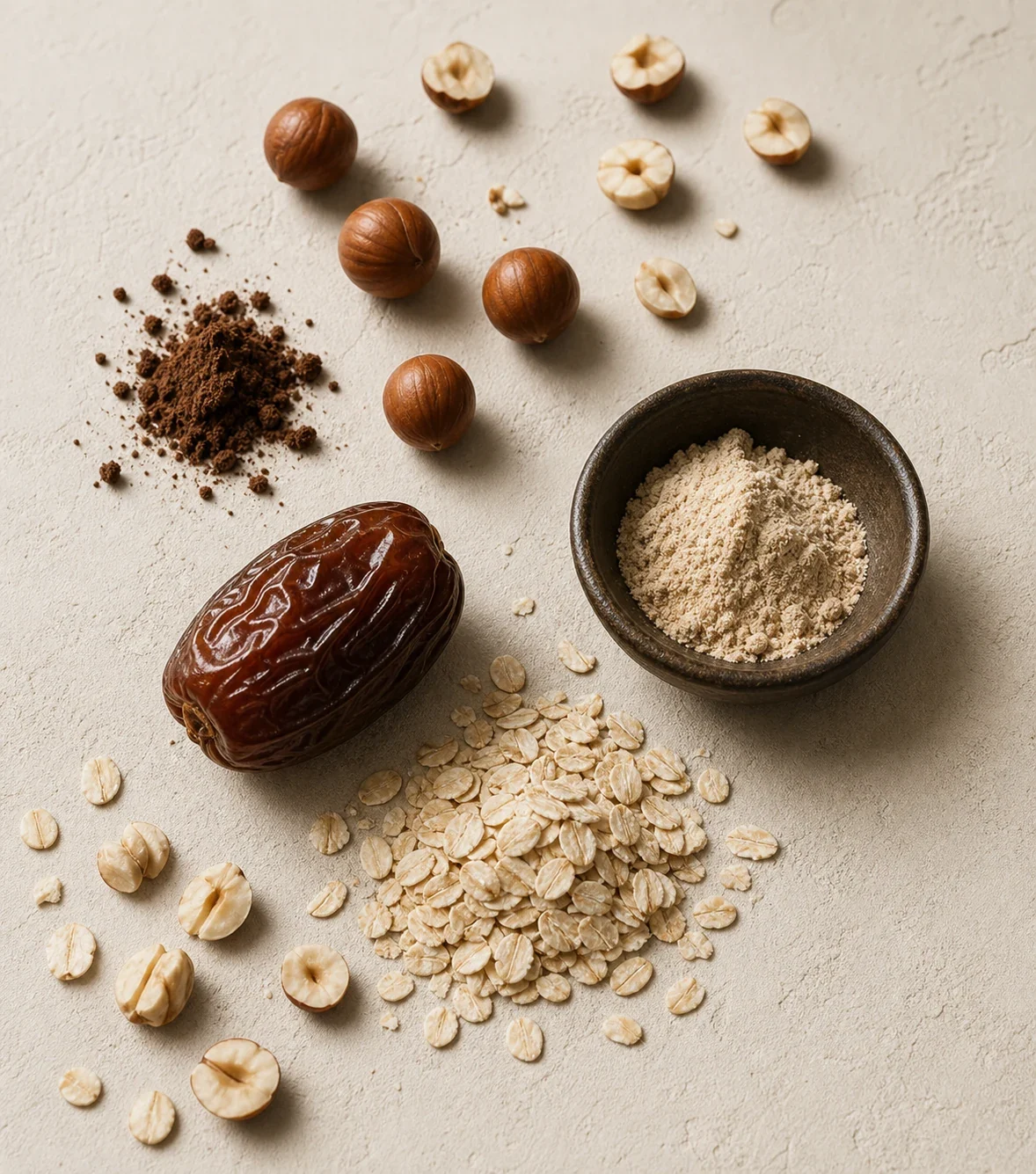 Dates, hazelnuts, cocoa, oats and plant protein arranged on a warm surface: Hazelnut