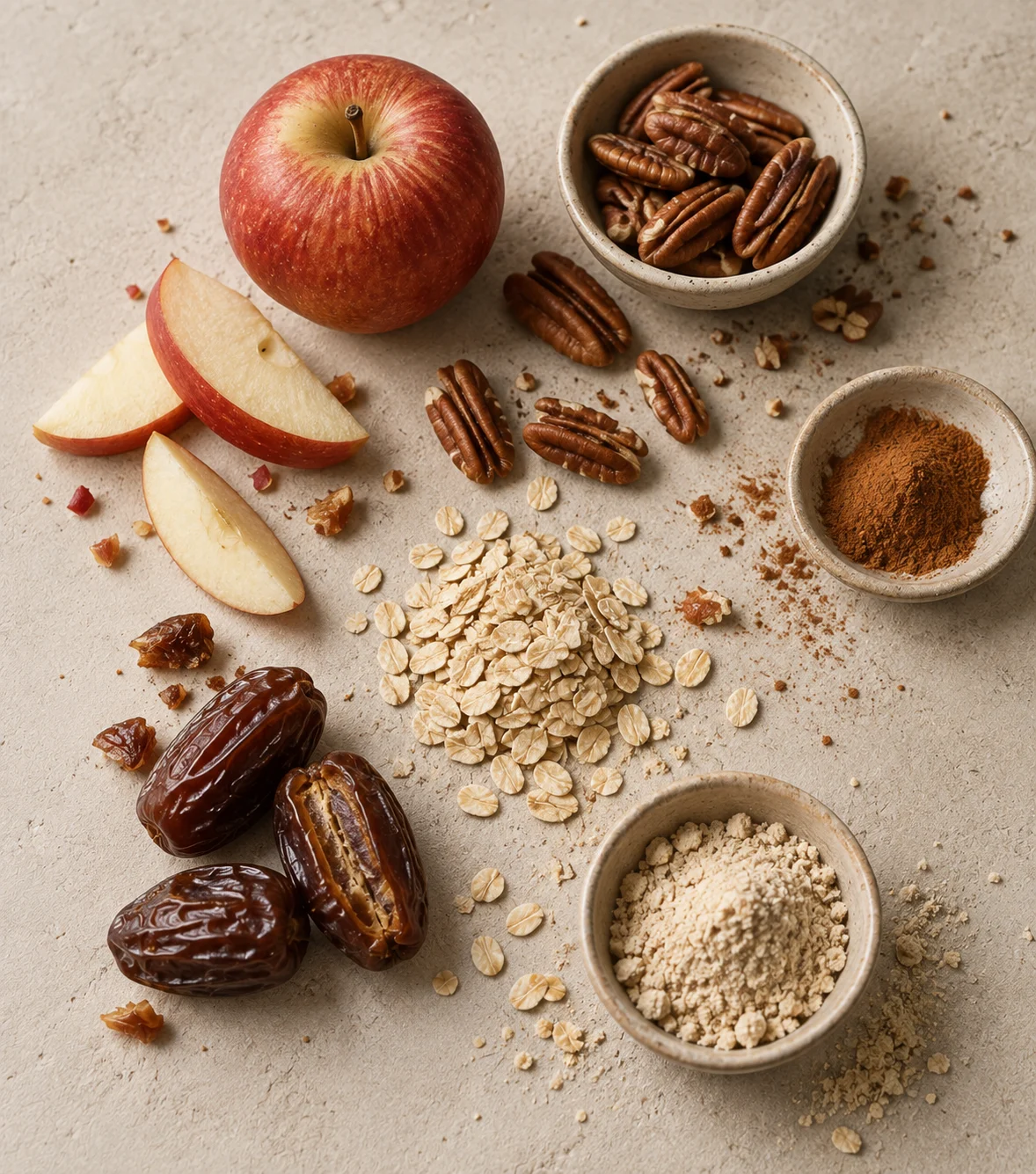 Ingrediënten voor Pecan / Apple pie Dessert bites: Dadels, Pecannoten, 100% Amandelpasta, Haver, Appel stukjes