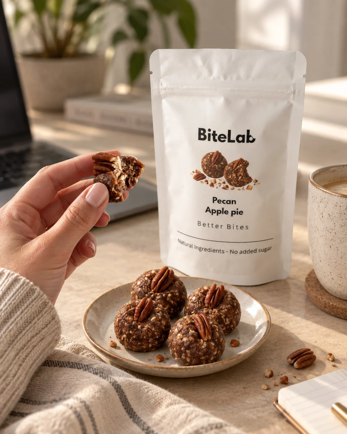 Iemand geniet van een BiteLab bite en houdt de verpakking vast